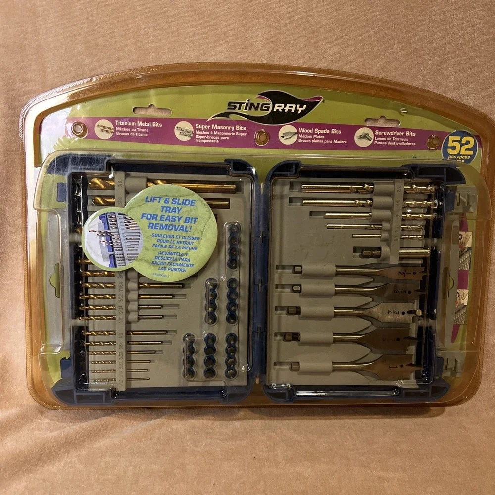 Sting Ray 52 Piece Set, Titanium Bits, Masonry Bits, Wood Spade Bits, Scredriver